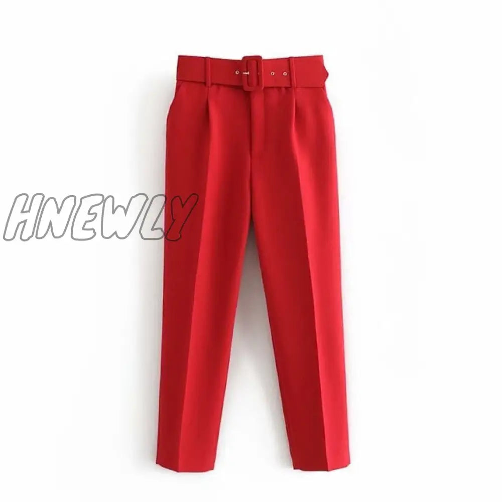 Hnewly Women Fashion Solid Color Sashes Casual Slim Pants Chic Business Trousers Female Fake Zipper