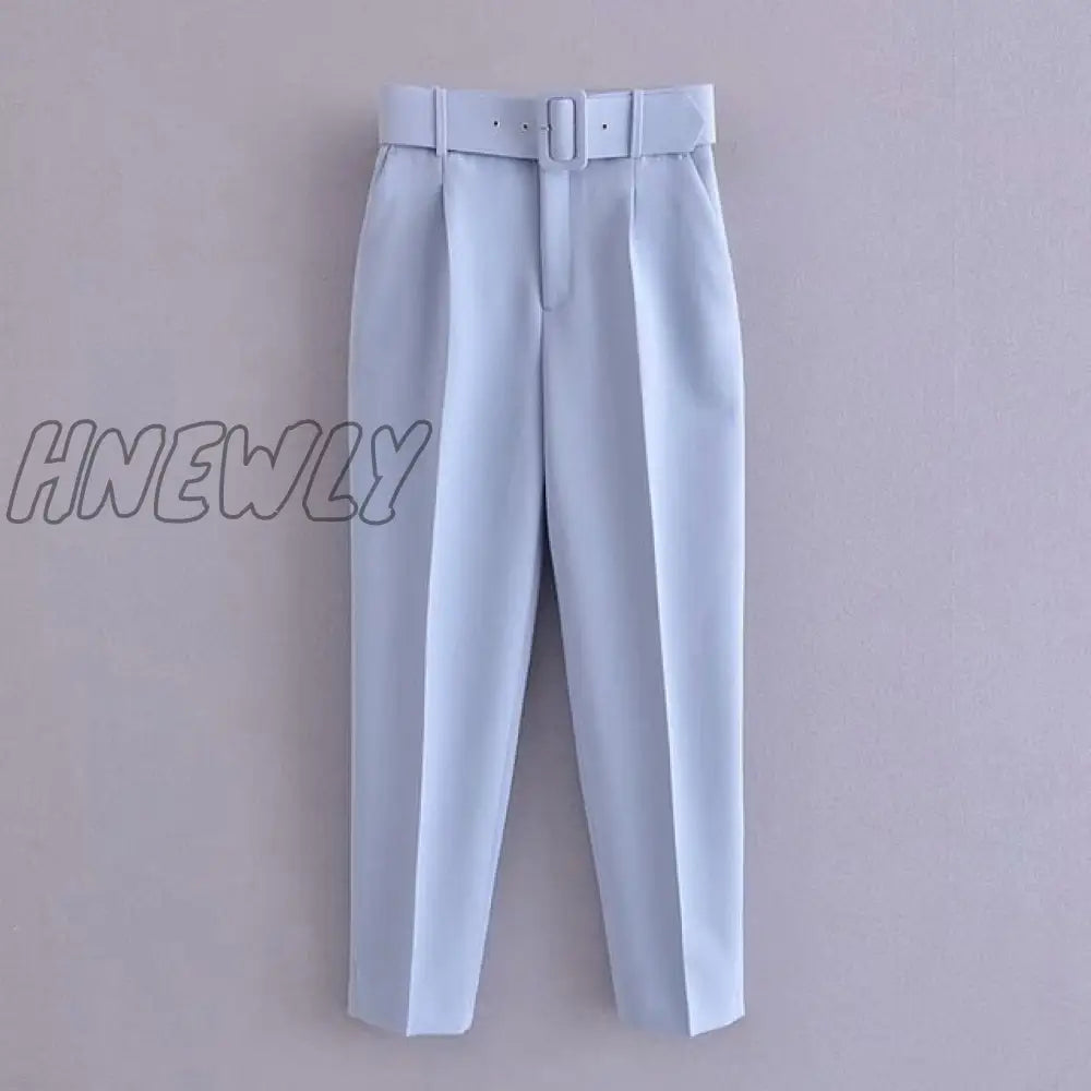 Hnewly Women Fashion Solid Color Sashes Casual Slim Pants Chic Business Trousers Female Fake Zipper