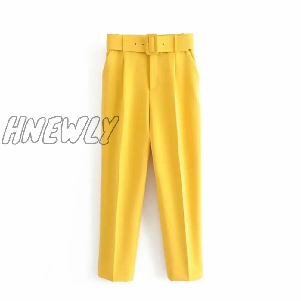 Hnewly Women Fashion Solid Color Sashes Casual Slim Pants Chic Business Trousers Female Fake Zipper