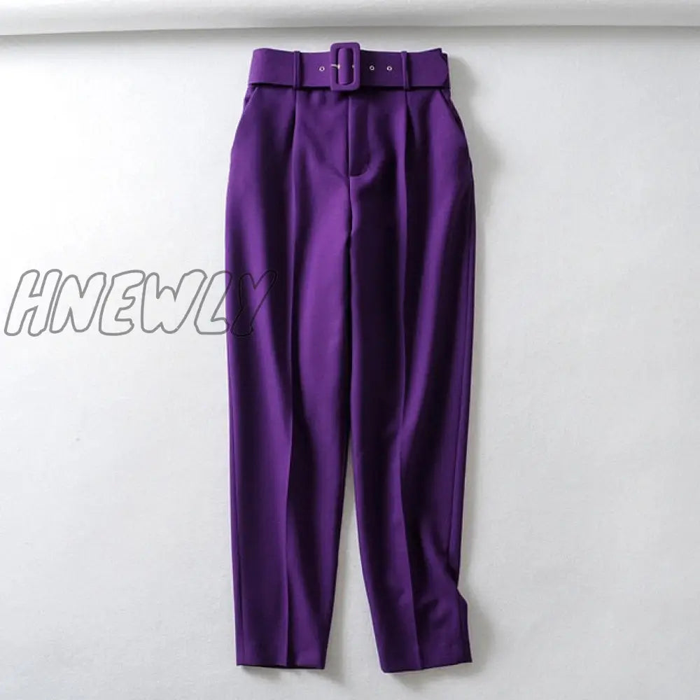 Hnewly Women Fashion Solid Color Sashes Casual Slim Pants Chic Business Trousers Female Fake Zipper