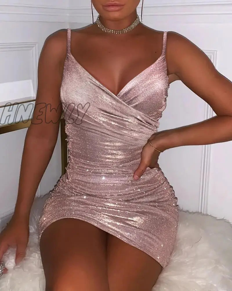 Hnewly Women Fashion Spaghetti Strap Mini Dress Slip Sexy Slim Fit Bodycon Party Sequins Short