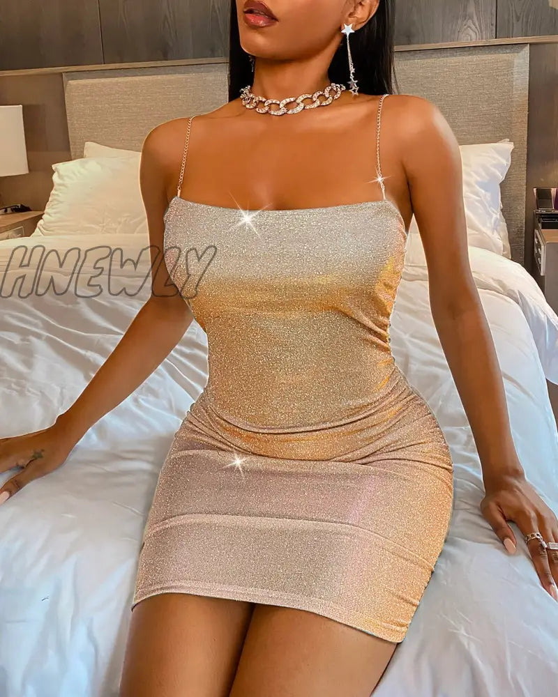 Hnewly Women Fashion Spaghetti Strap Mini Dress Slip Sexy Slim Fit Bodycon Party Sequins Short