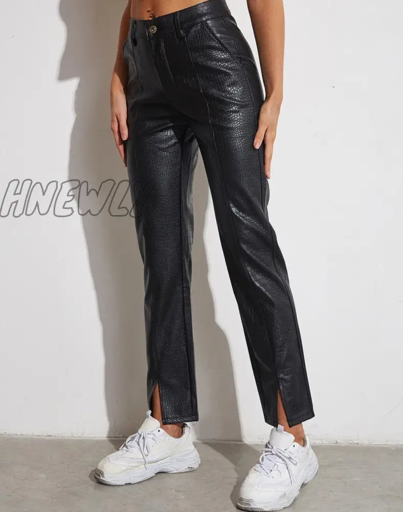 Hnewly Women Faux Leather Pants High Waist Wide Leg Vintage Pu Trousers Y2K Sexy Baggy Straight