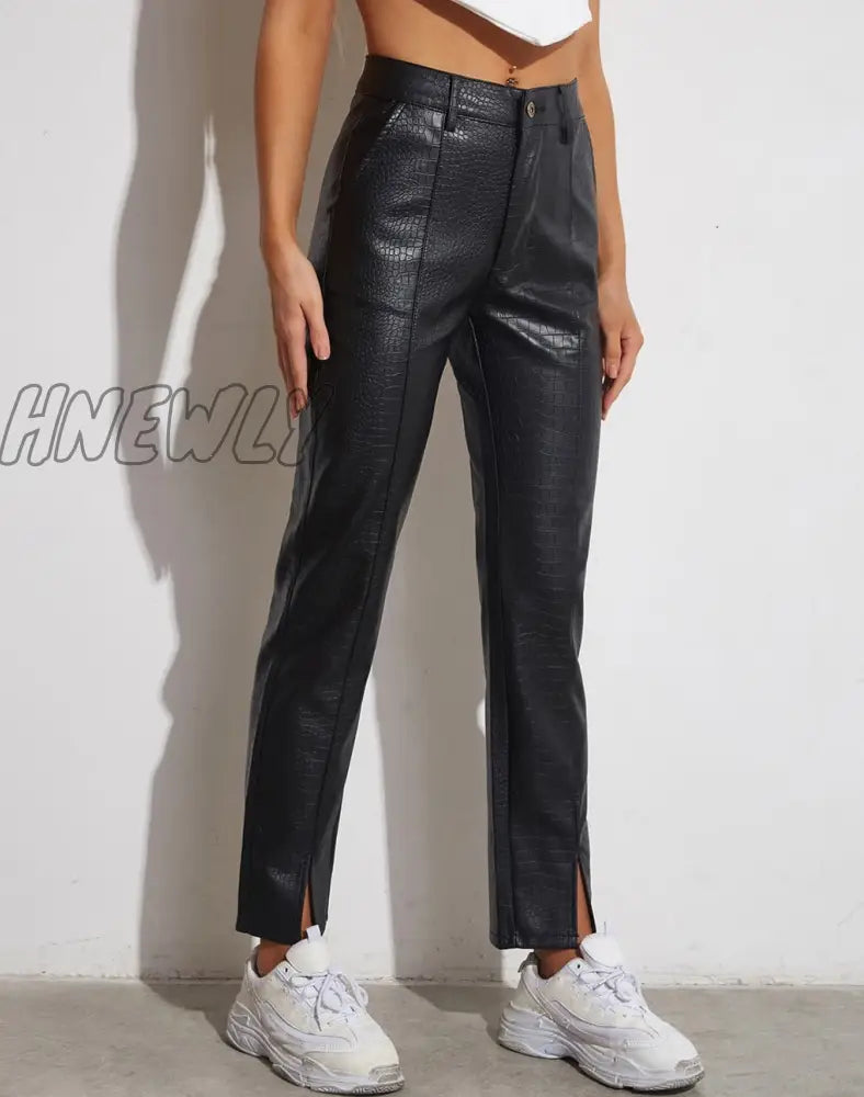 Hnewly Women Faux Leather Pants High Waist Wide Leg Vintage Pu Trousers Y2K Sexy Baggy Straight