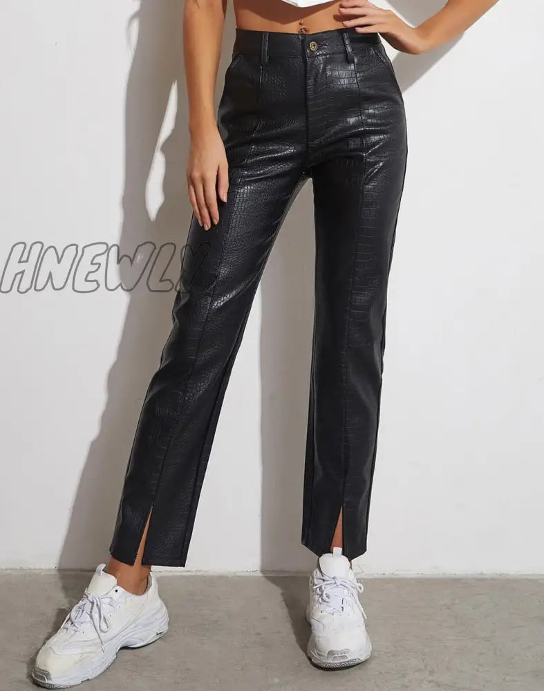 Hnewly Women Faux Leather Pants High Waist Wide Leg Vintage Pu Trousers Y2K Sexy Baggy Straight