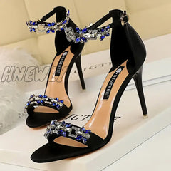 Hnewly Women Fetish 9Cm High Heels Crystal Sandals Lady Silk Wedding Bridal Rhinestone Glitter