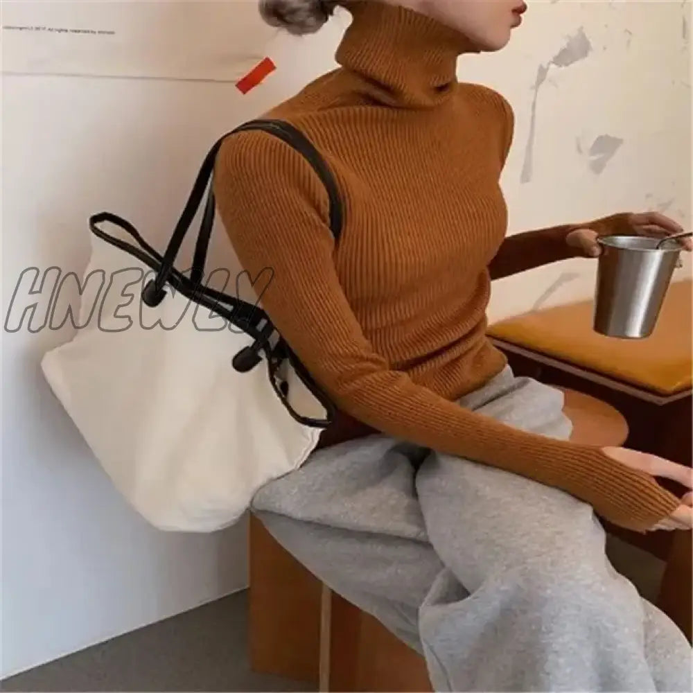 Hnewly Women Heaps Collar Turtleneck Sweaters Autumn Winter Slim Pullover Basic Tops Casual Soft