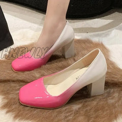 Hnewly Women High Heels Chunky Shoes Sexy Ankle Dress Spring New Designer Brand Square Toe Party