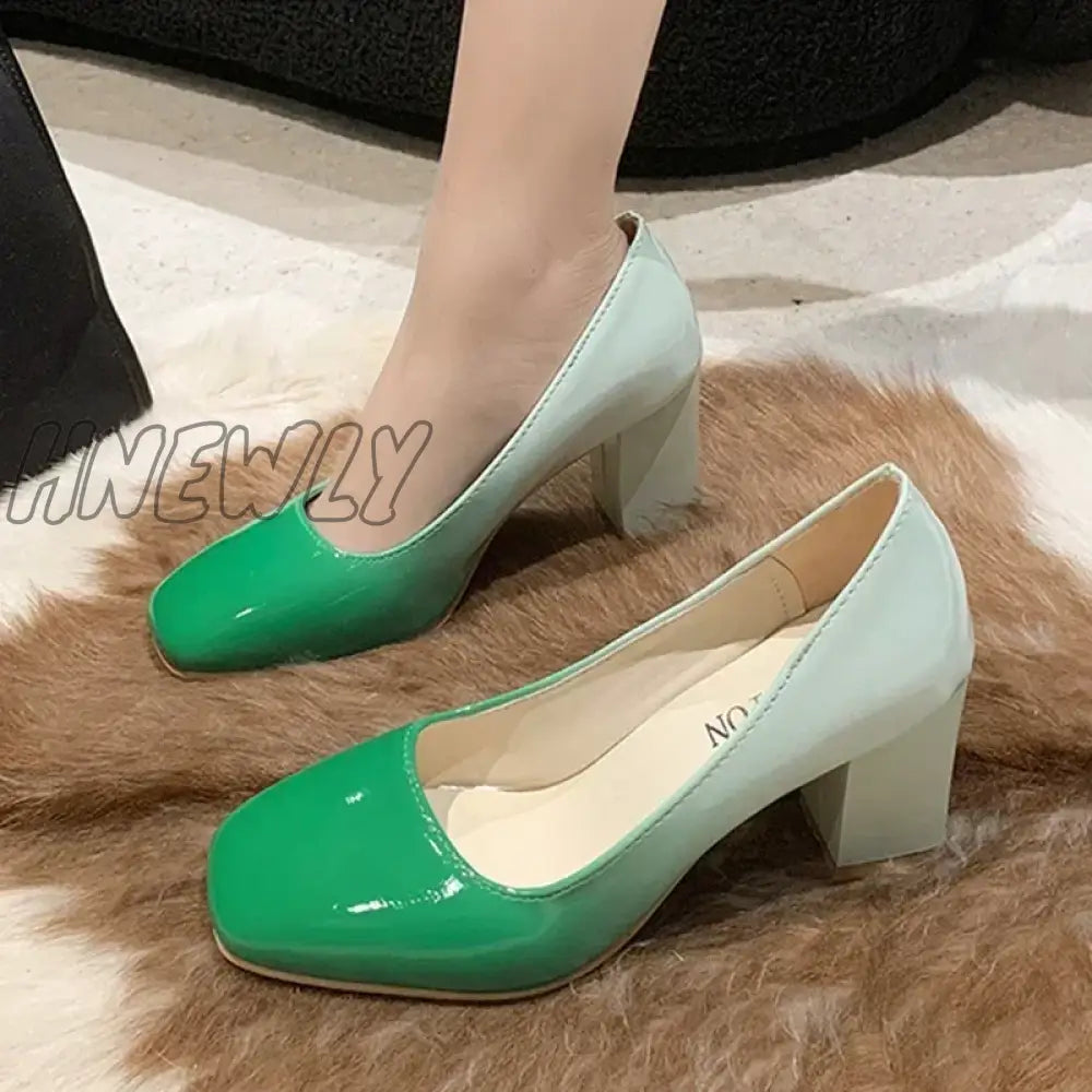 Hnewly Women High Heels Chunky Shoes Sexy Ankle Dress Spring New Designer Brand Square Toe Party