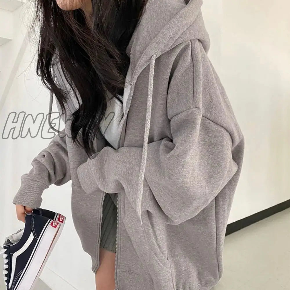 Hnewly Women Hoodie Harajuku Korean Version Loose Oversized Sweatshirts Solid Color Long - Sleeved