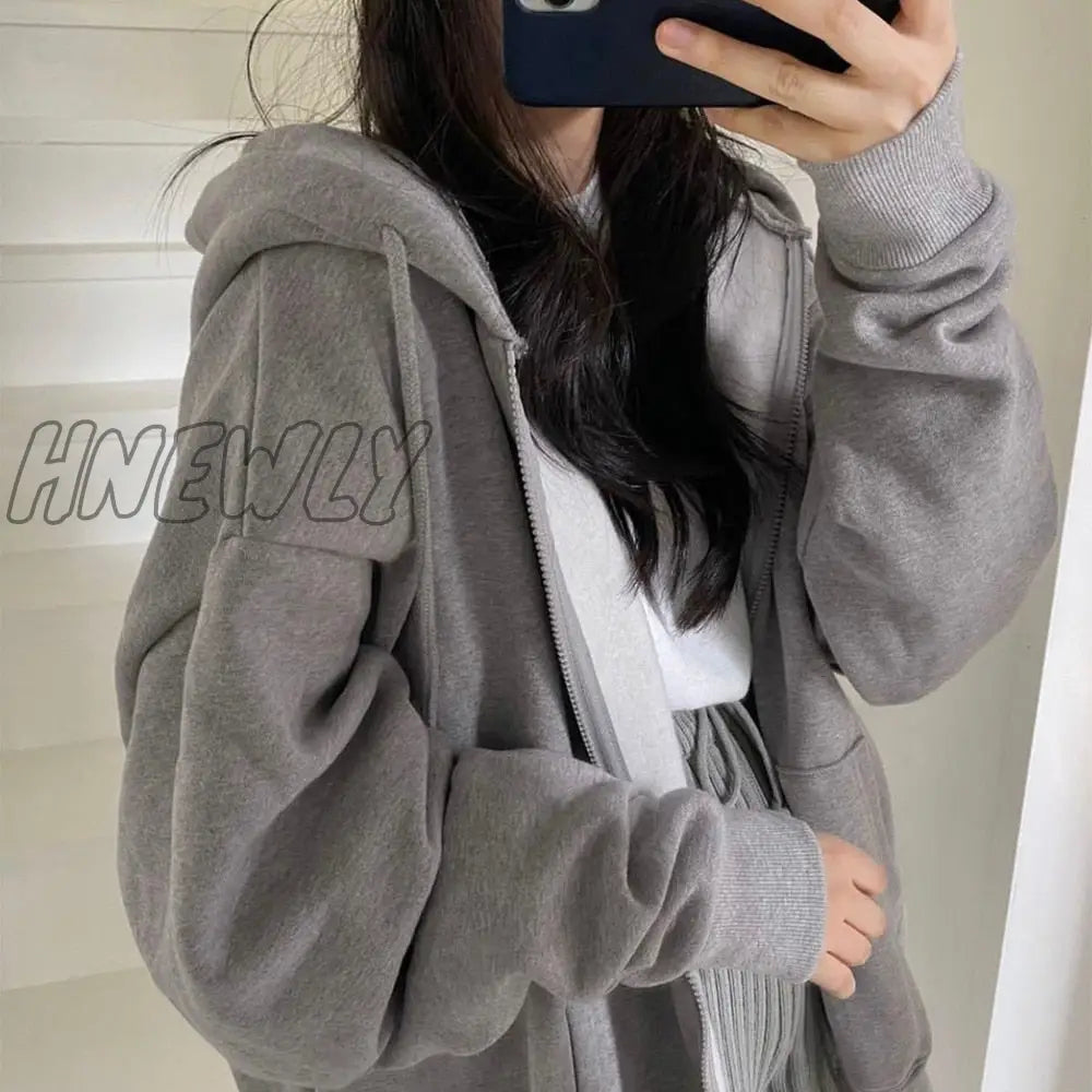 Hnewly Women Hoodie Harajuku Korean Version Loose Oversized Sweatshirts Solid Color Long - Sleeved