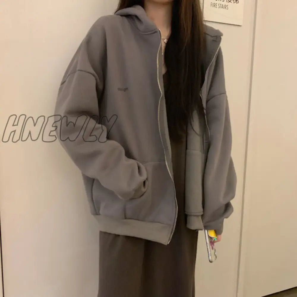 Hnewly Women Hoodie Harajuku Korean Version Loose Oversized Sweatshirts Solid Color Long - Sleeved