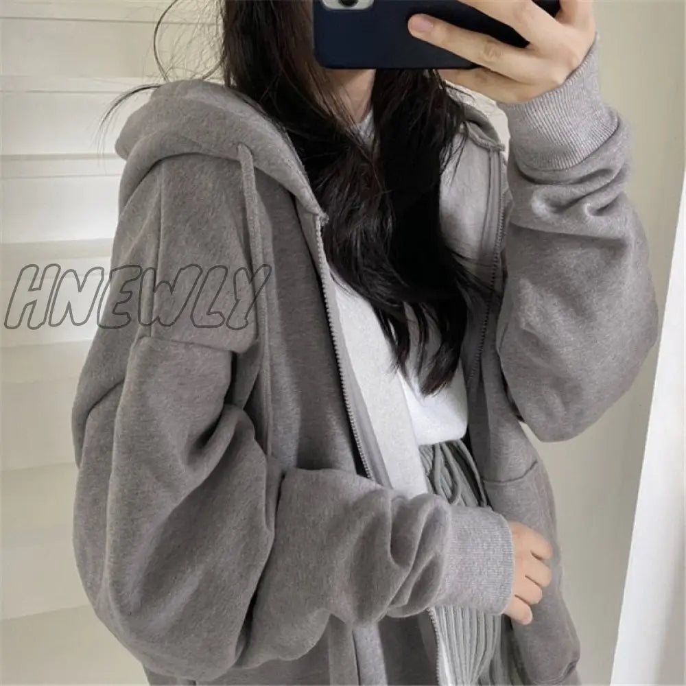 Hnewly Women Hoodies Harajuku Korean Version Zip Up Loose Oversized Sweatshirts Casual Solid Color