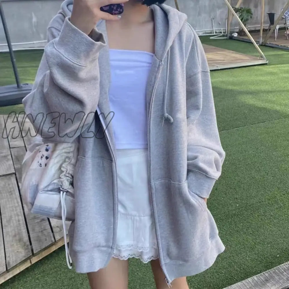 Hnewly Women Hoodies Harajuku Korean Version Zip Up Loose Oversized Sweatshirts Casual Solid Color