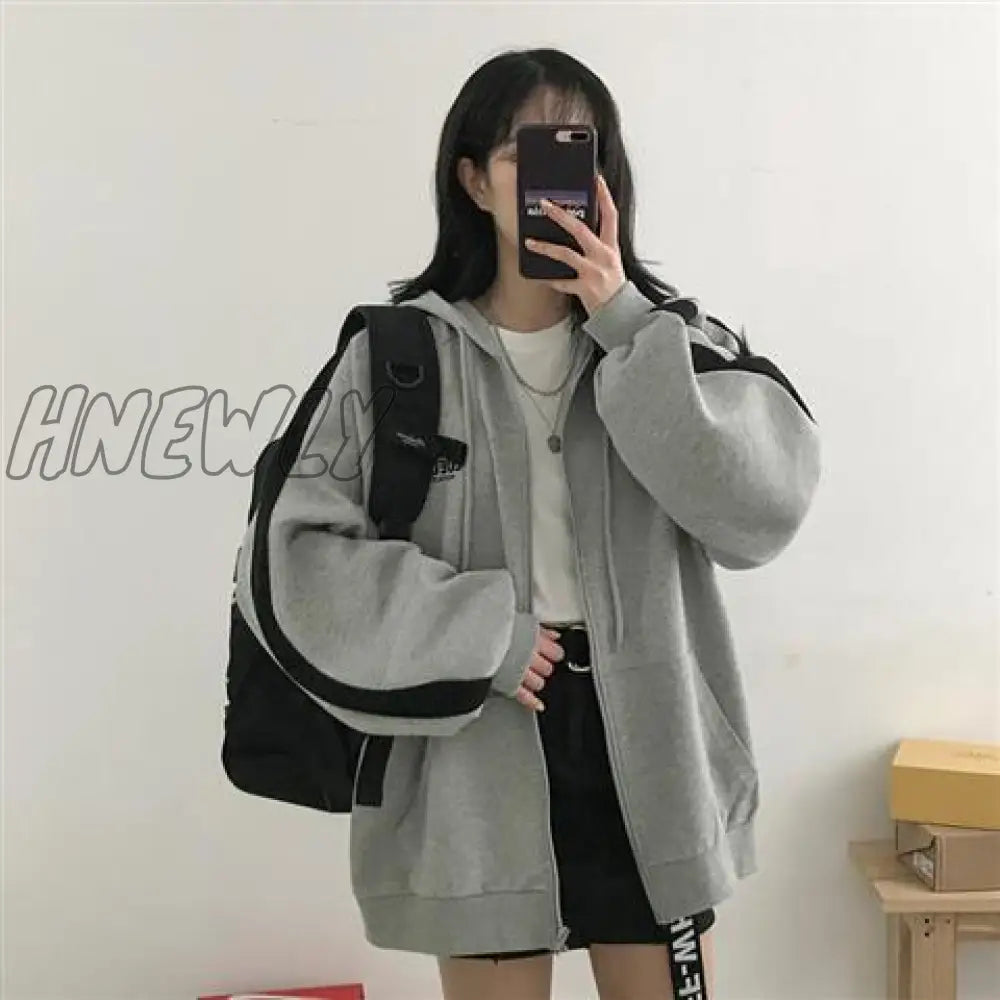 Hnewly Women Hoodies Harajuku Korean Version Zip Up Loose Oversized Sweatshirts Casual Solid Color