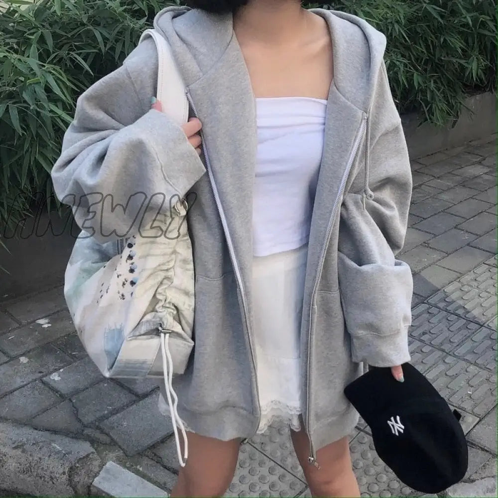 Hnewly Women Hoodies Harajuku Korean Version Zip Up Loose Oversized Sweatshirts Casual Solid Color