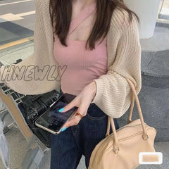 Hnewly Women Knit Cardigan Coat Solid Lantern Sleeve Warm Loose Shawl Sweater Overcoat Casual