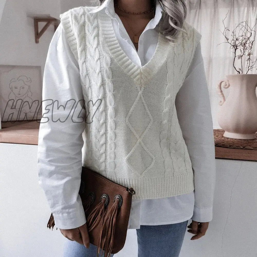 Hnewly Women Knitted Sweater Vests Autumn Female V Neck Sleeveless Twist Knitwear Loose Pullover