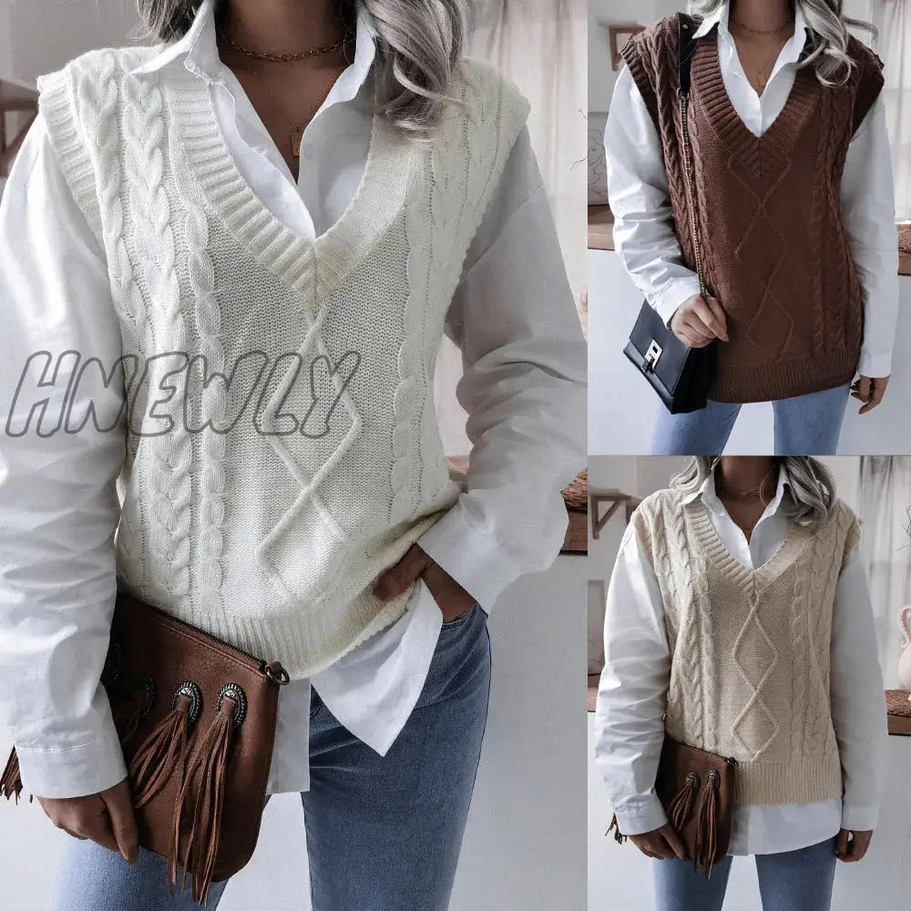 Hnewly Women Knitted Sweater Vests Autumn Female V Neck Sleeveless Twist Knitwear Loose Pullover