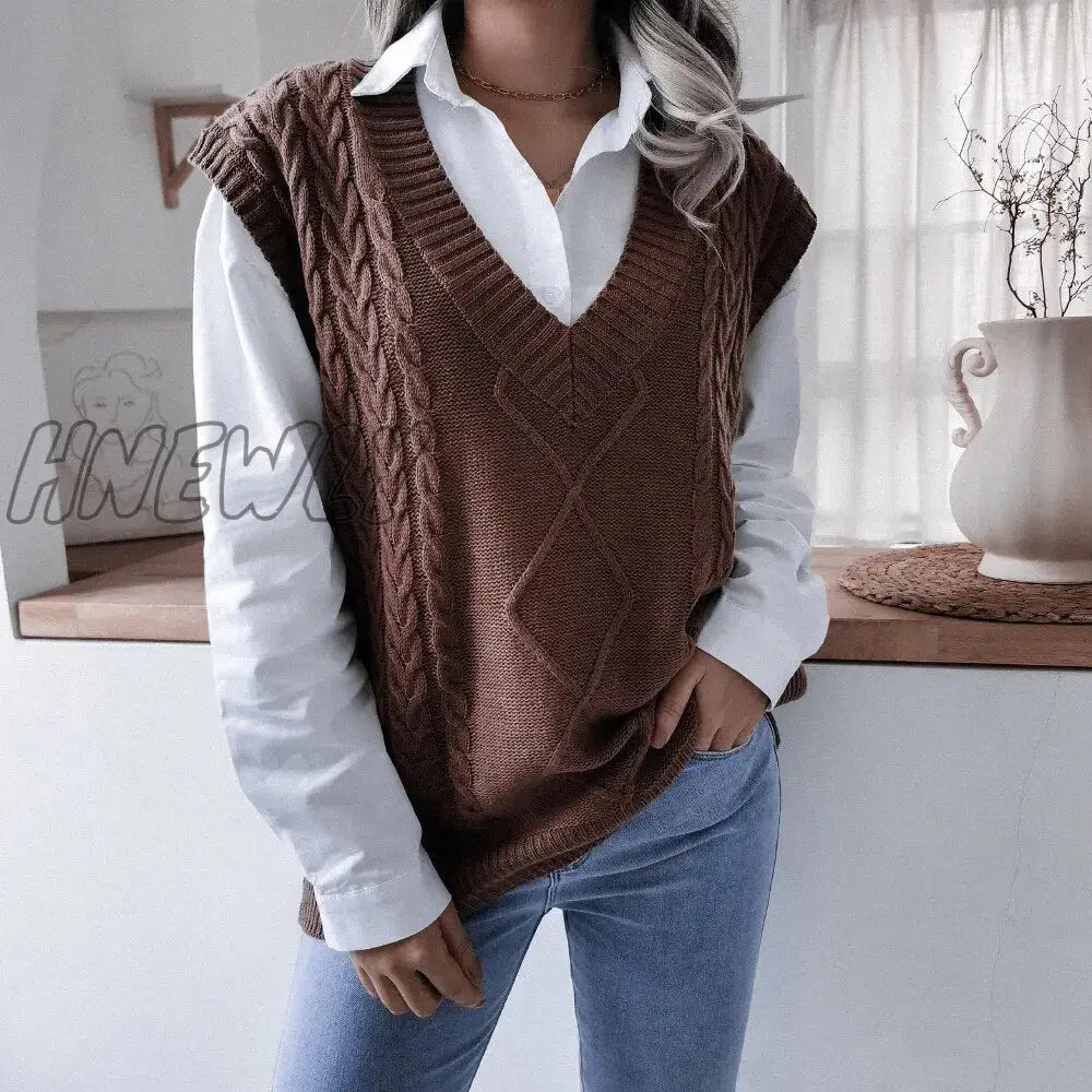 Hnewly Women Knitted Sweater Vests Autumn Female V Neck Sleeveless Twist Knitwear Loose Pullover