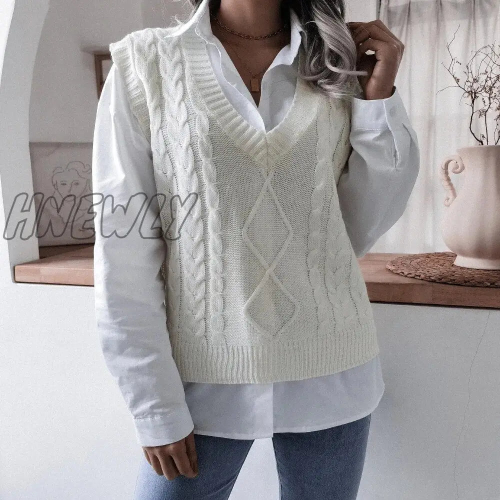 Hnewly Women Knitted Sweater Vests Autumn Female V Neck Sleeveless Twist Knitwear Loose Pullover