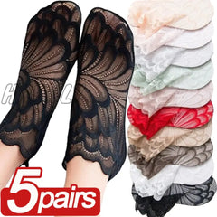 1/5pairs Women Lace Flower Mesh Socks Non-slip Invisible Liner Sock Female Elastic Comfy Thin Transparent Breathable Ankle Socks