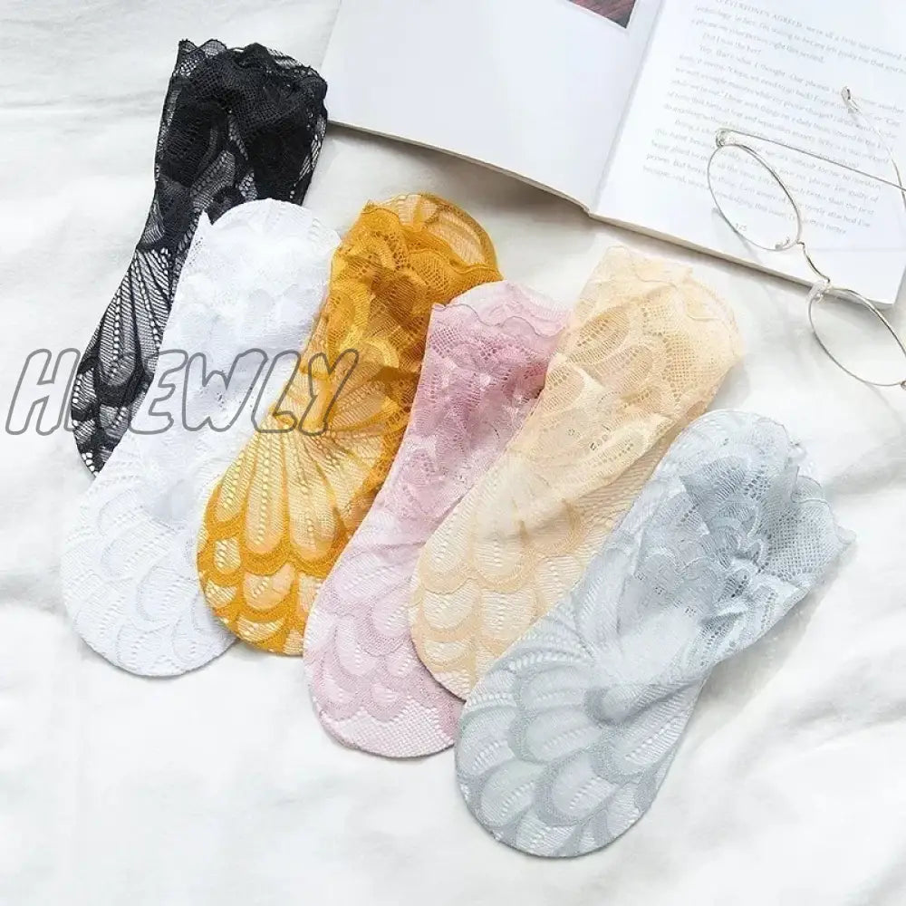 Hnewly Women Lace Flower Mesh Socks Non-Slip Invisible Liner Sock Female Elastic Comfy Thin