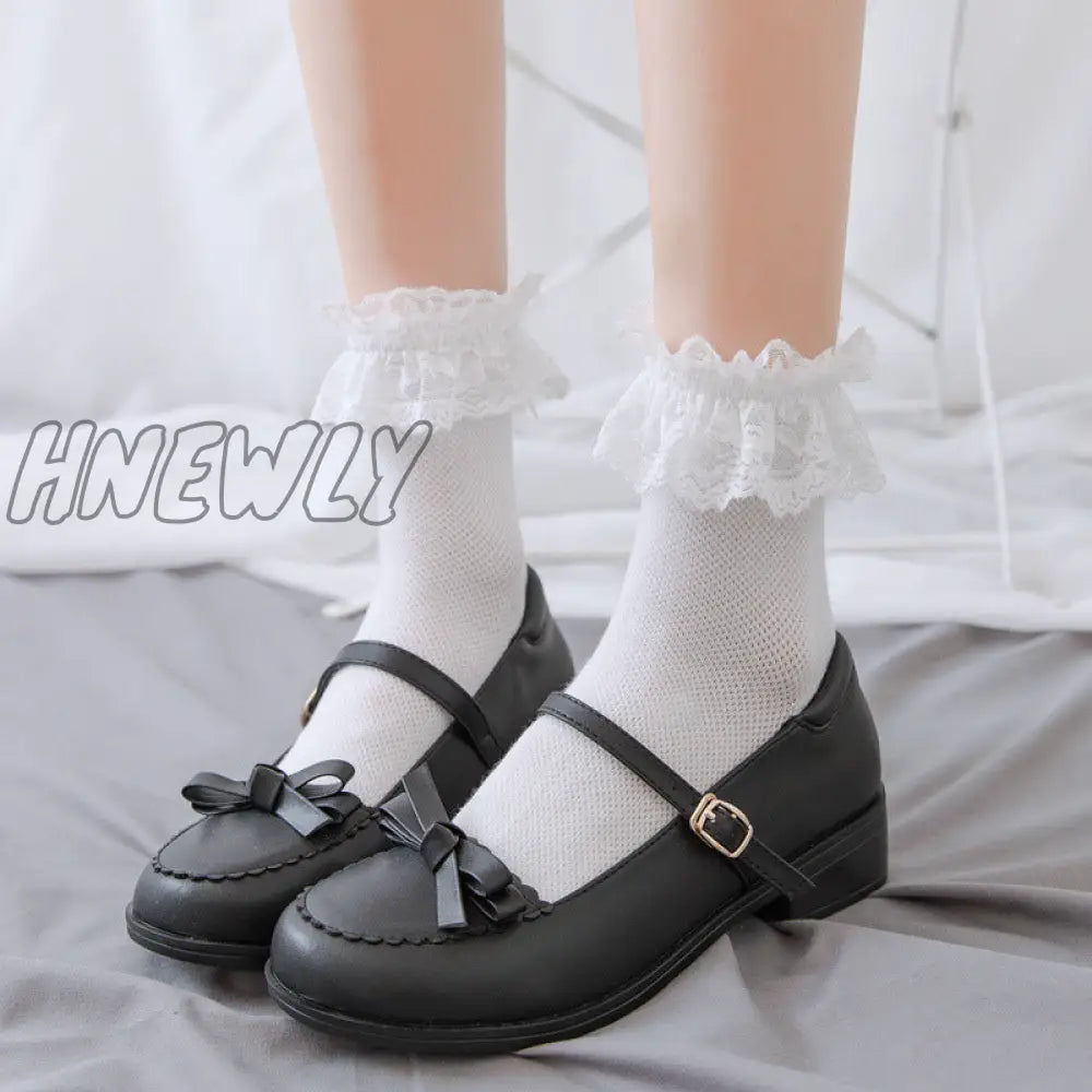 Hnewly Women Lace Mesh Black White Cotton Socks Lolita Style Japanese Maiden Lovely Short Harajuku