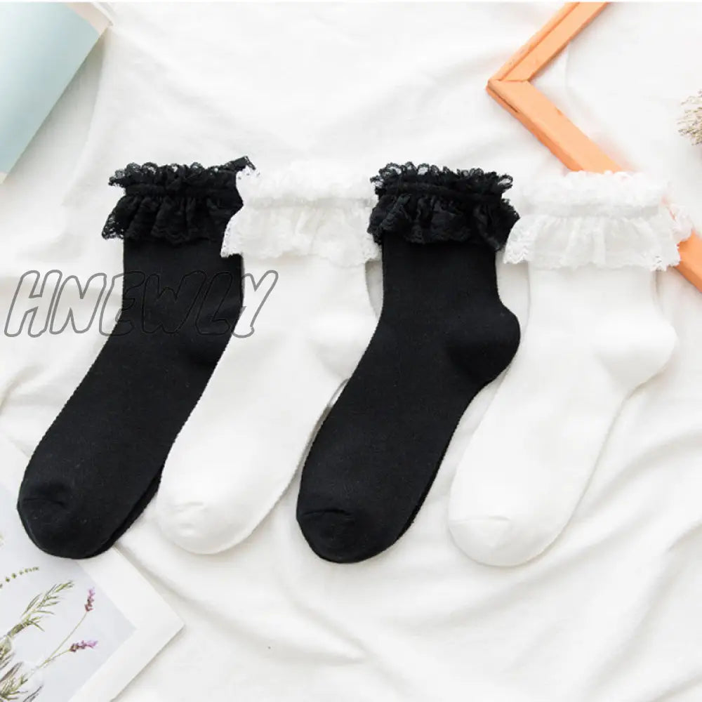 Hnewly Women Lace Mesh Black White Cotton Socks Lolita Style Japanese Maiden Lovely Short Harajuku