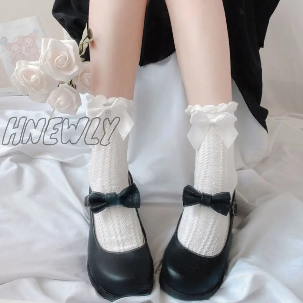 Hnewly Women Lace Mesh Black White Cotton Socks Lolita Style Japanese Maiden Lovely Short Harajuku