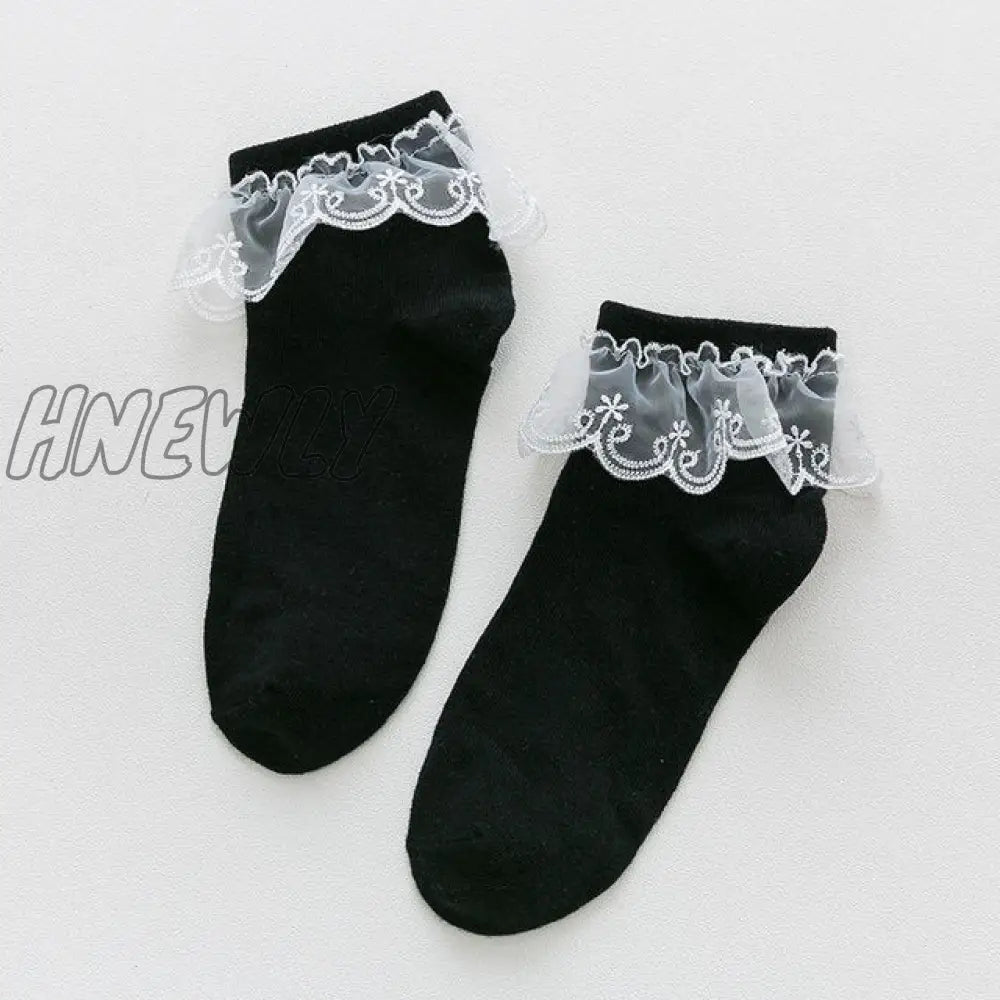 Hnewly Women Lace Mesh Black White Cotton Socks Lolita Style Japanese Maiden Lovely Short Harajuku