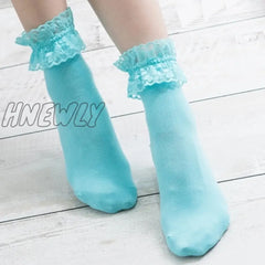 Hnewly Women Lace Mesh Black White Cotton Socks Lolita Style Japanese Maiden Lovely Short Harajuku