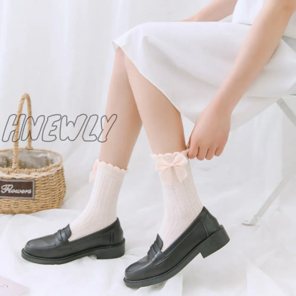 Hnewly Women Lace Mesh Black White Cotton Socks Lolita Style Japanese Maiden Lovely Short Harajuku