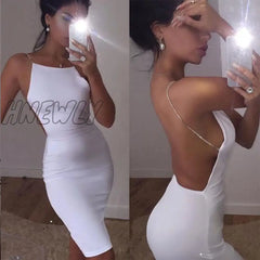 Hnewly Women Ladies Summer Sexy Evening Party Dress Sleeveless Solid White Backless Hollow Out