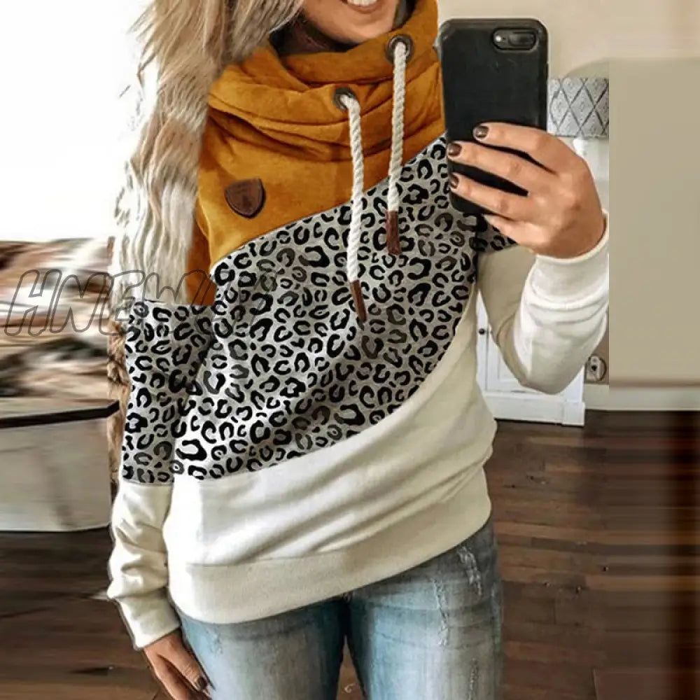 Hnewly Women Leopard Patchwork Hooded Sweatshirt Autumn Winter Turtleneck Warm Long Sleeve Printed