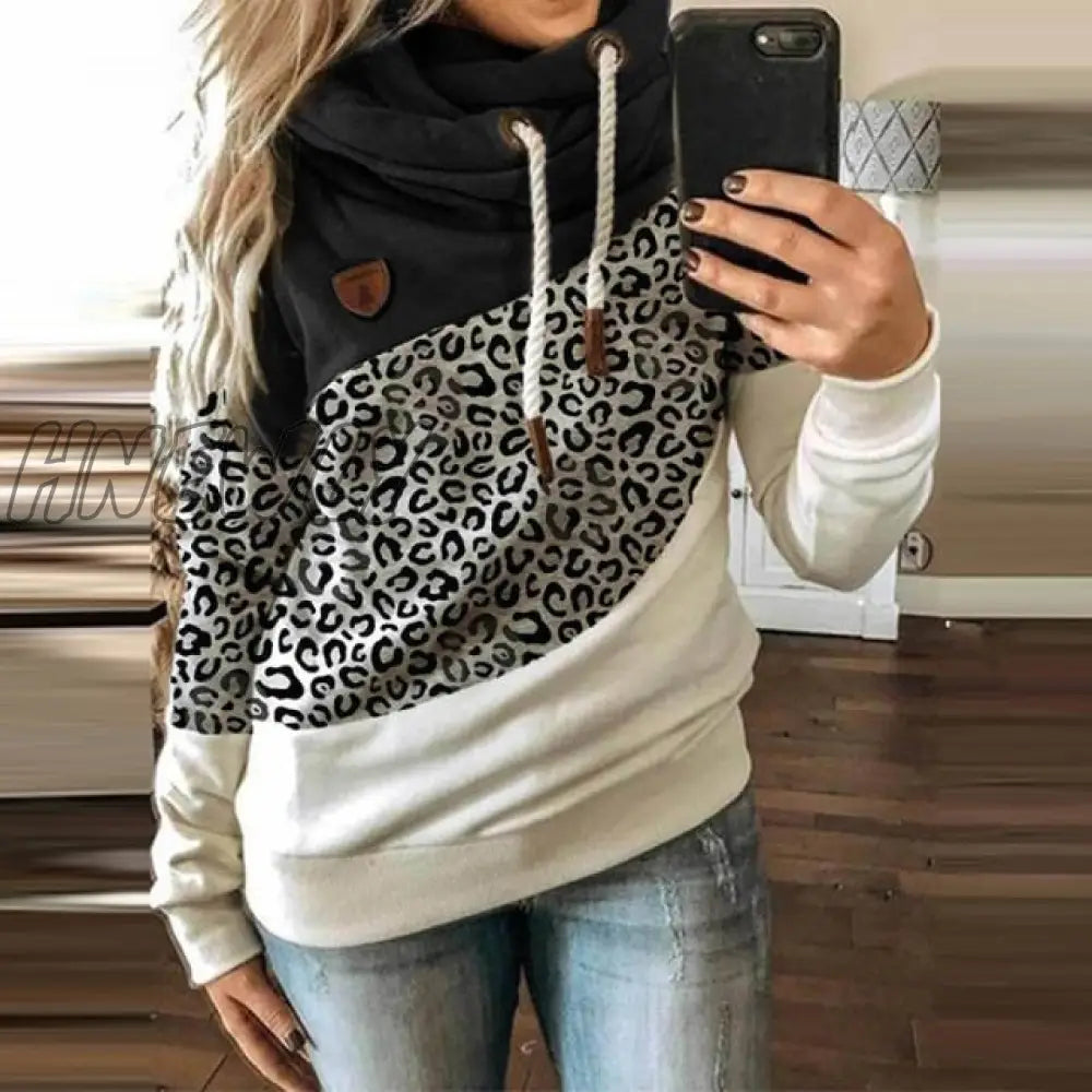 Hnewly Women Leopard Patchwork Hooded Sweatshirt Autumn Winter Turtleneck Warm Long Sleeve Printed