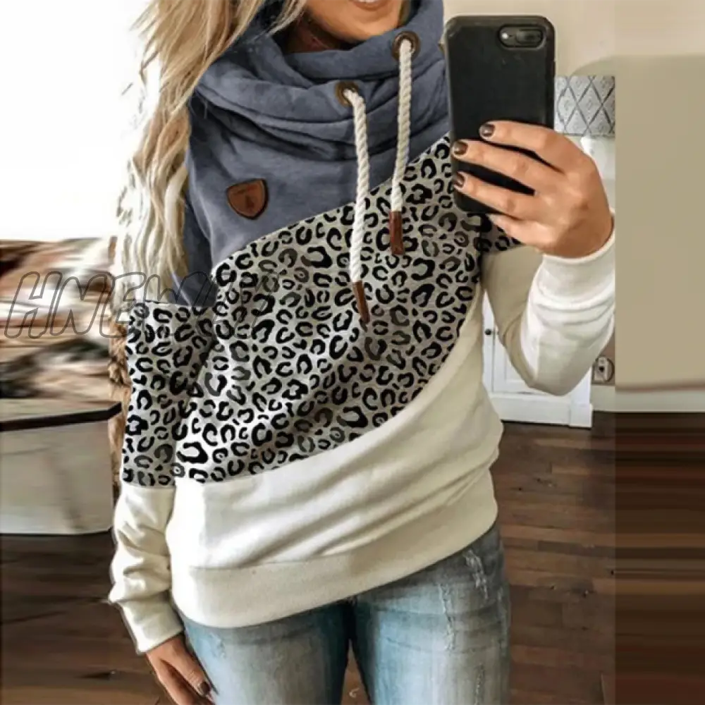 Hnewly Women Leopard Patchwork Hooded Sweatshirt Autumn Winter Turtleneck Warm Long Sleeve Printed