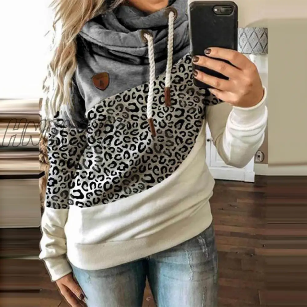 Hnewly Women Leopard Patchwork Hooded Sweatshirt Autumn Winter Turtleneck Warm Long Sleeve Printed