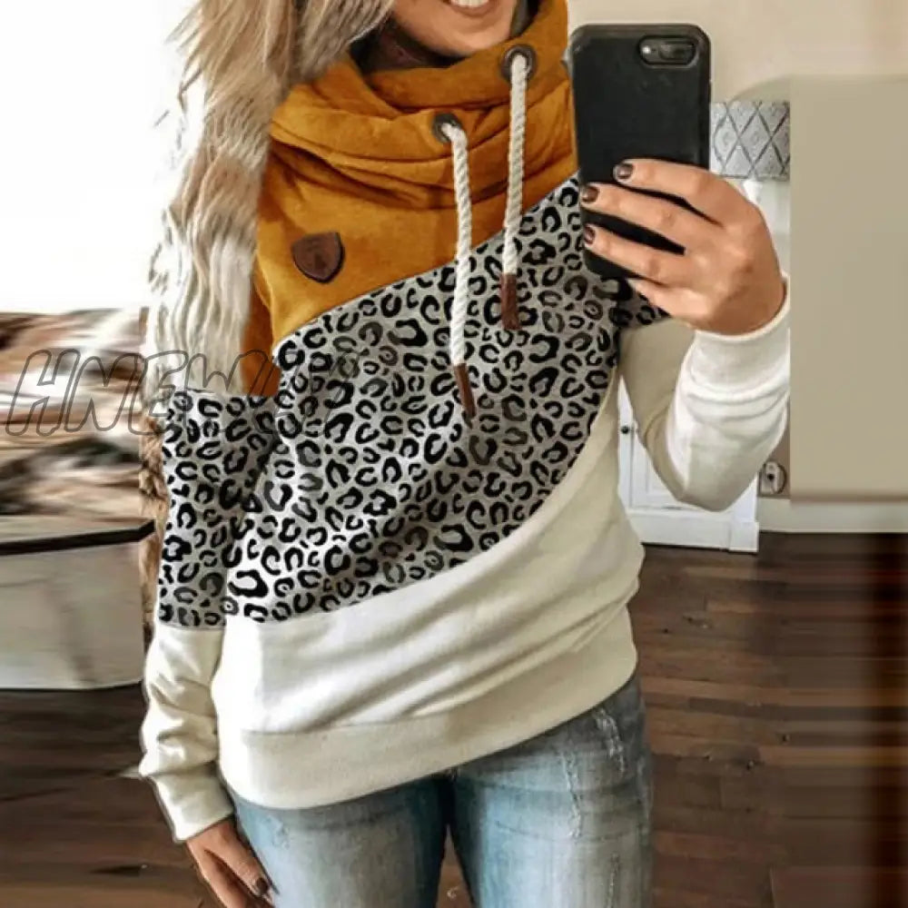 Hnewly Women Leopard Patchwork Hooded Sweatshirt Autumn Winter Turtleneck Warm Long Sleeve Printed