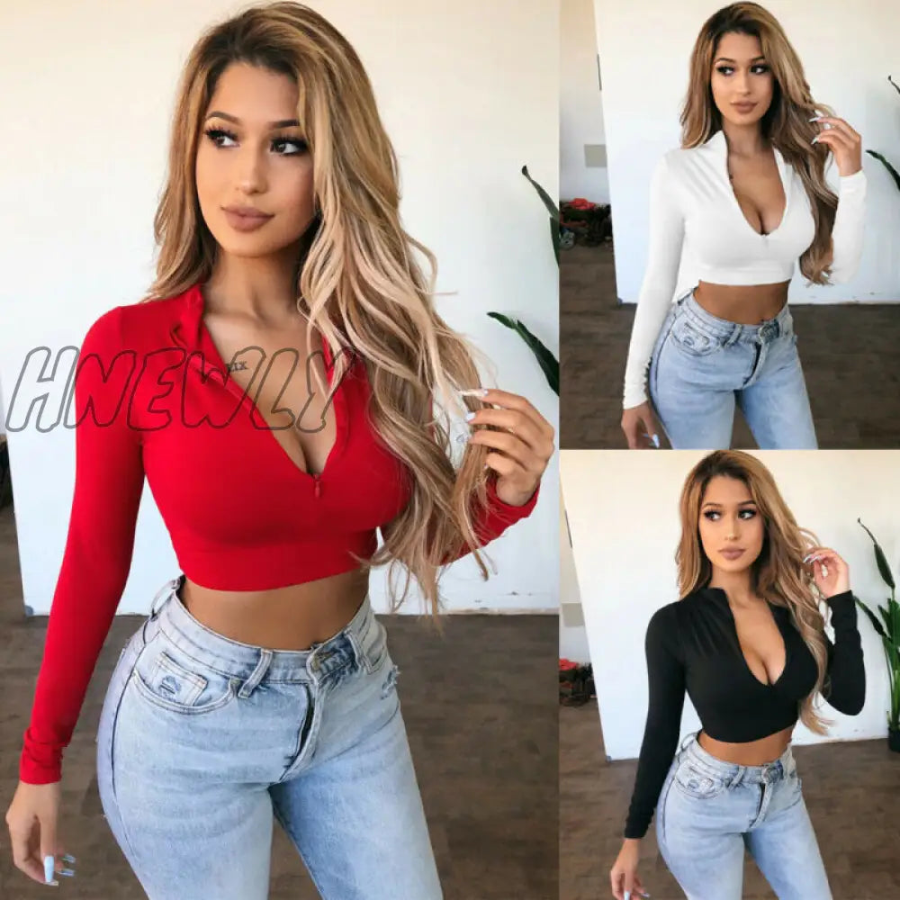 Hnewly Women Long Sleeve Crop Tops V Neck Zip Bandage T-Shirt Summer Beach Slim Fitness Bodycon