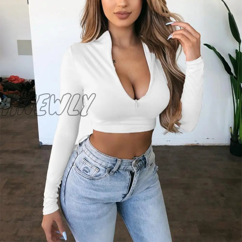 Hnewly Women Long Sleeve Crop Tops V Neck Zip Bandage T-Shirt Summer Beach Slim Fitness Bodycon