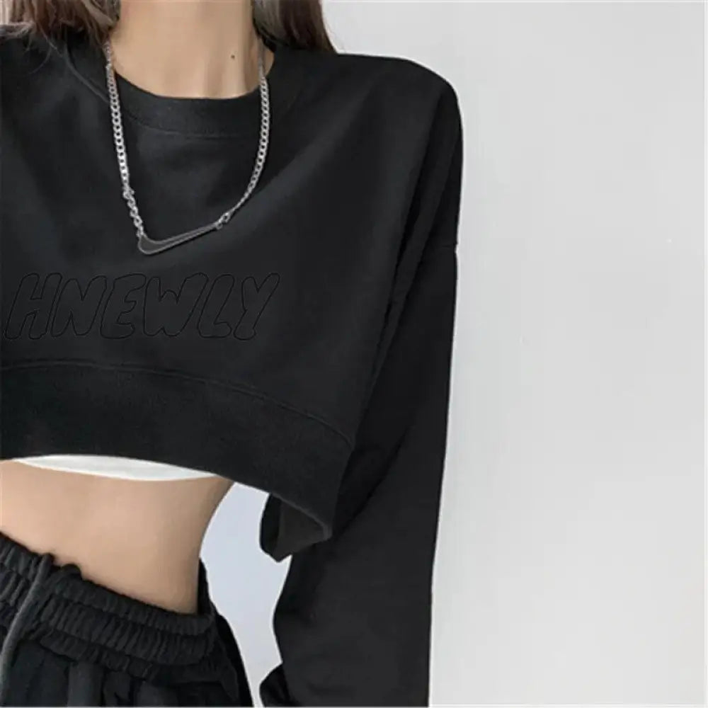 Hnewly Women Long Sleeve Cropped Crop Top Hoodies Sweatshirt Causal Loose Pullover Tops Black / M