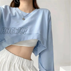 Hnewly Women Long Sleeve Cropped Crop Top Hoodies Sweatshirt Causal Loose Pullover Tops Sky Blue / M