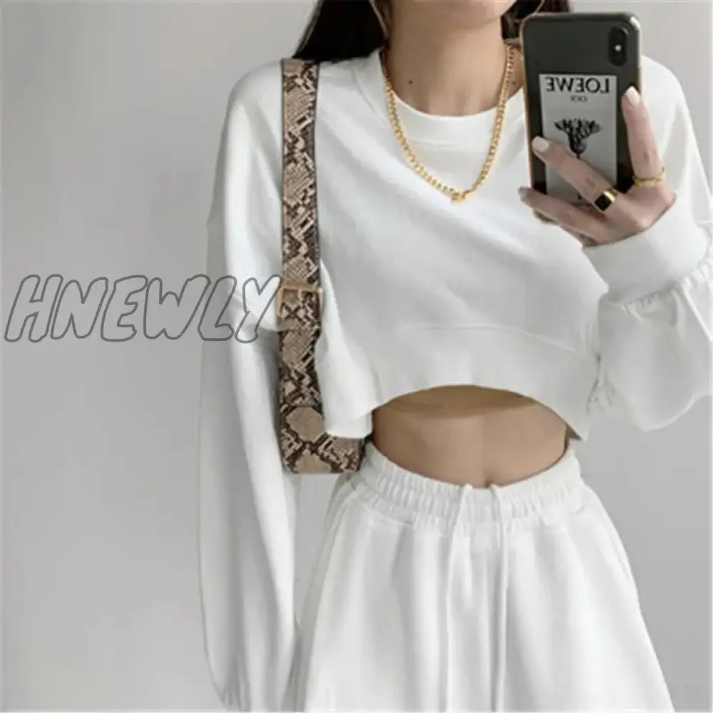 Hnewly Women Long Sleeve Cropped Crop Top Hoodies Sweatshirt Causal Loose Pullover Tops White / M