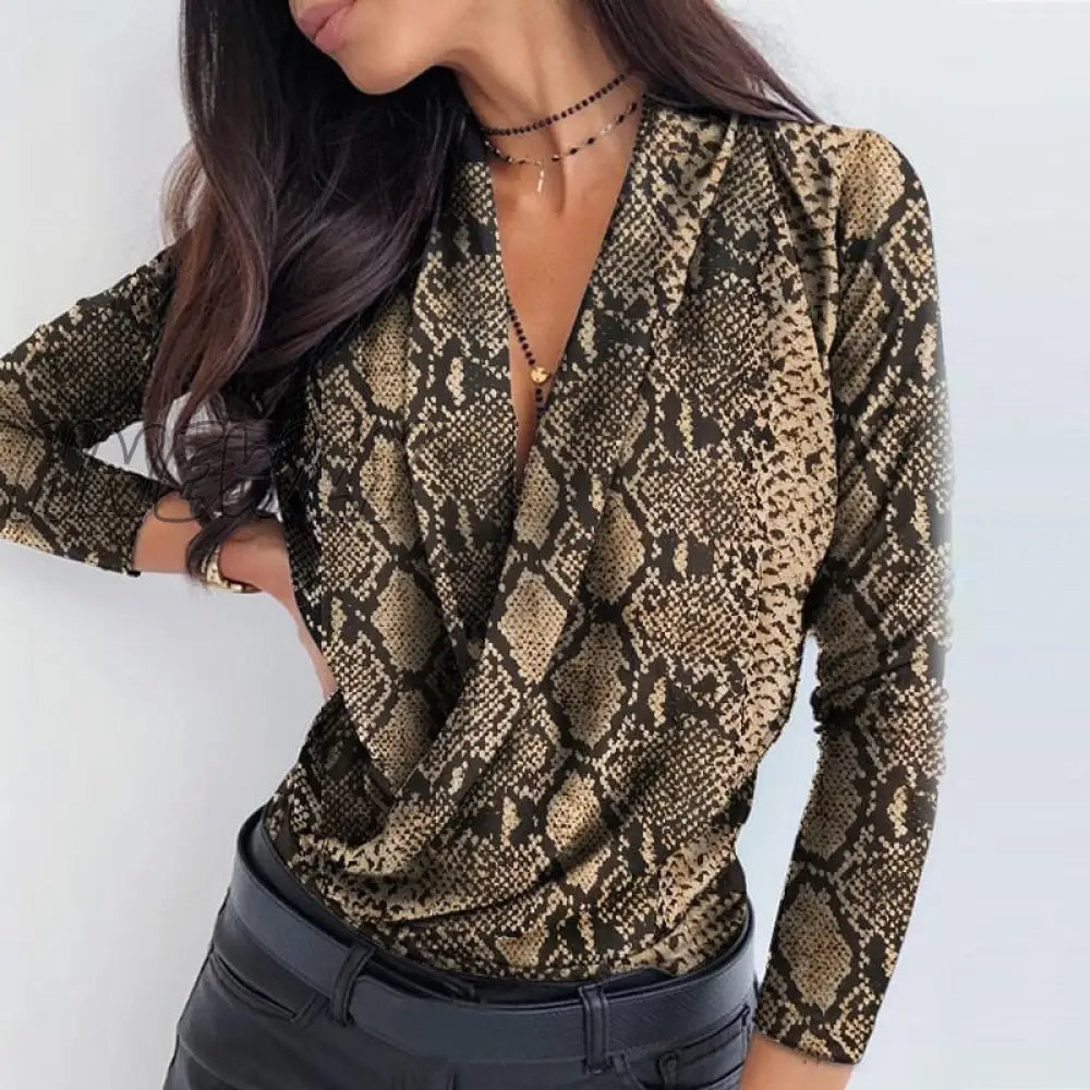 Hnewly Women Long Sleeve Deep V - Neck Shirt Blouses Tops Sexy Criss - Cross Snake Skin Work