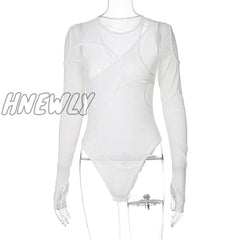 Hnewly Women Long Sleeves Fashion Slim See Through Patchwork O Neck Sexy Bodysuit Summer Fall