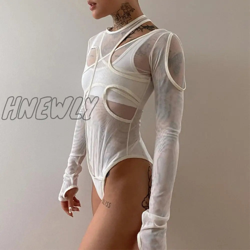 Hnewly Women Long Sleeves Fashion Slim See Through Patchwork O Neck Sexy Bodysuit Summer Fall