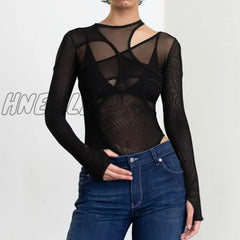 Hnewly Women Long Sleeves Fashion Slim See Through Patchwork O Neck Sexy Bodysuit Summer Fall