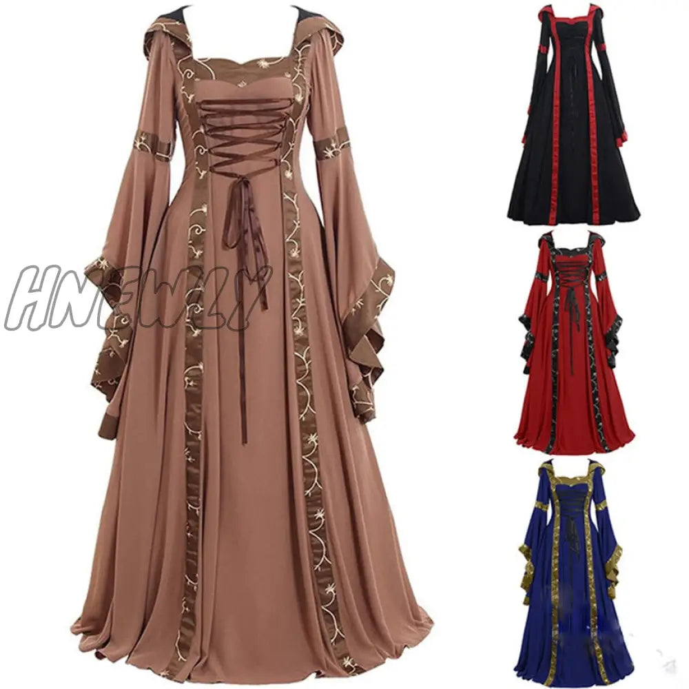 Hnewly Women Medeival Gothic Cosplay Dresses Victoria Steampunk Hoodies Bandage Halloween Noble