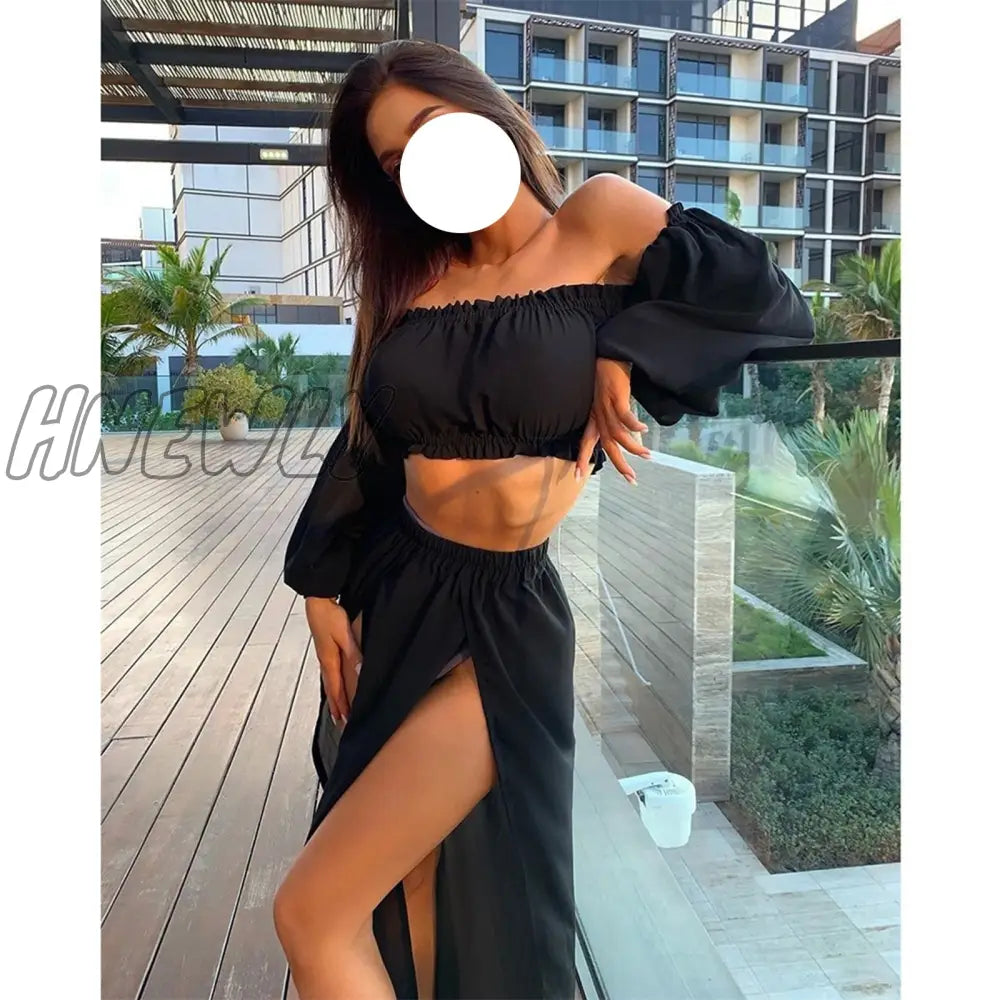 Hnewly Women Mesh Sheer Bikini Cover-Ups Set See-Through Long Sleeve Crop Tops And Cover Up Skirts